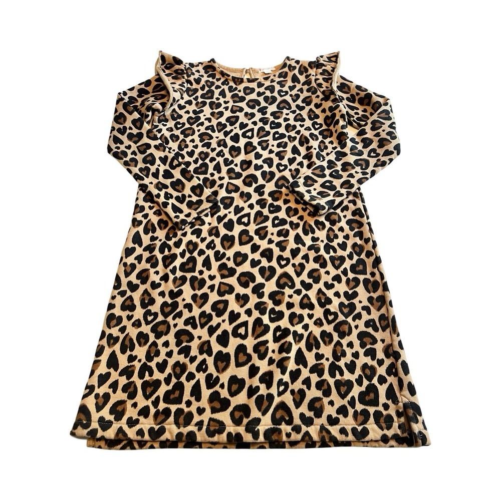 Crewcuts‎ Girls Leopard Heart Fleece Sweatshirt Dress Ruffle Shoulder Tan 12